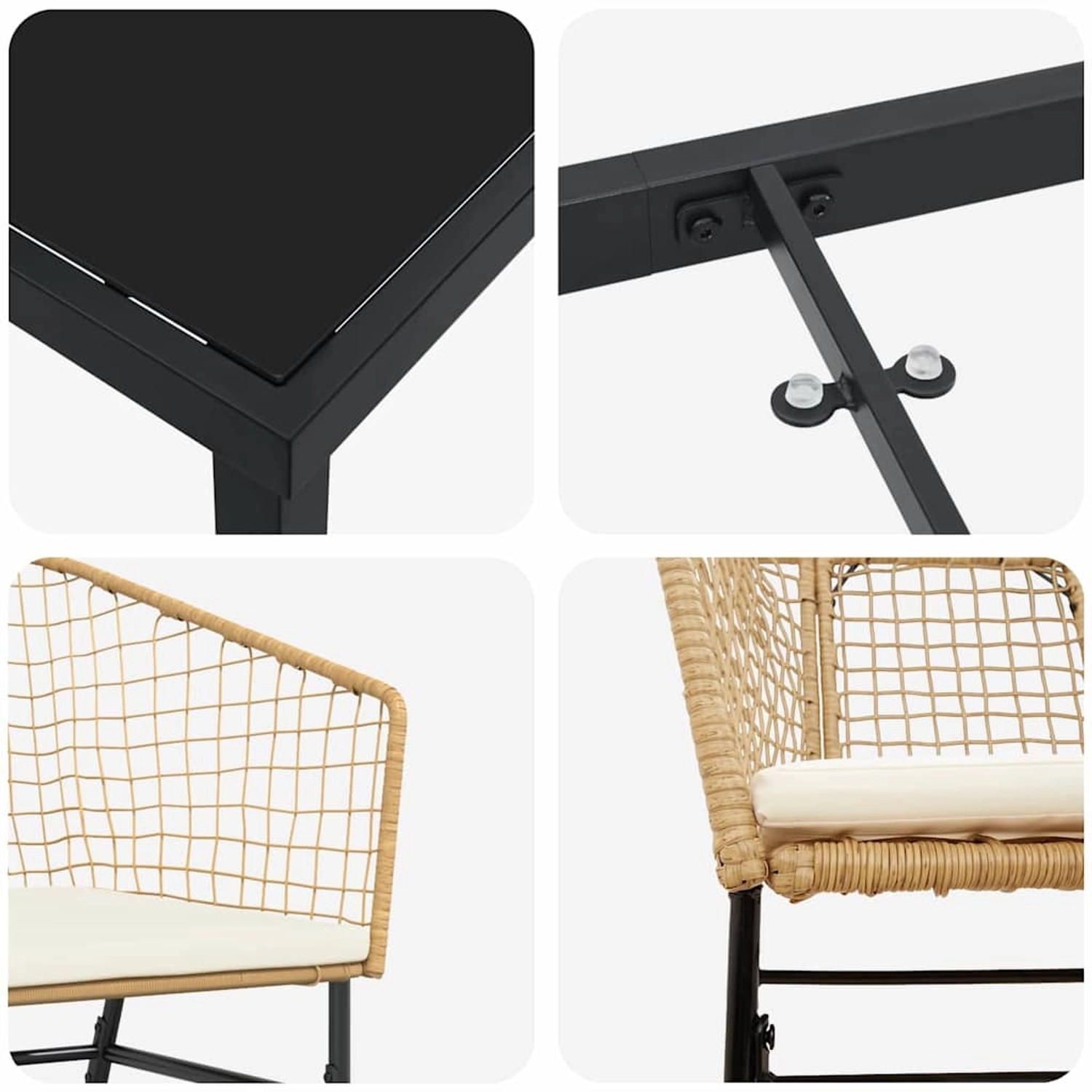 Detailansichten der vidaXL Garten Essgruppe, 5-teilig, braunes Poly Rattan, Tischplatte, Stuhlgeflecht und Stahlbeine.