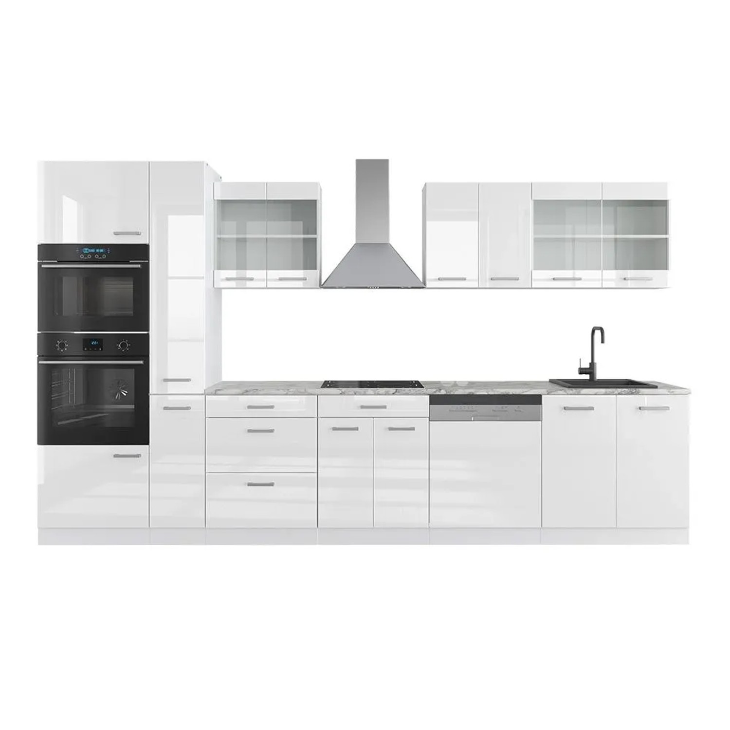 Vicco R-Line Küchenzeile Weiß Hochglanz Weiß 350 cm mit HochschrankAP Marmor ohne E-Geräte