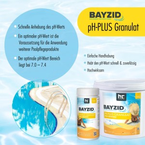 Bayzid pH Plus Granulat für Pool, 1kg und 5kg Packung. Zur Anhebung des pH-Werts im Schwimmbad.
