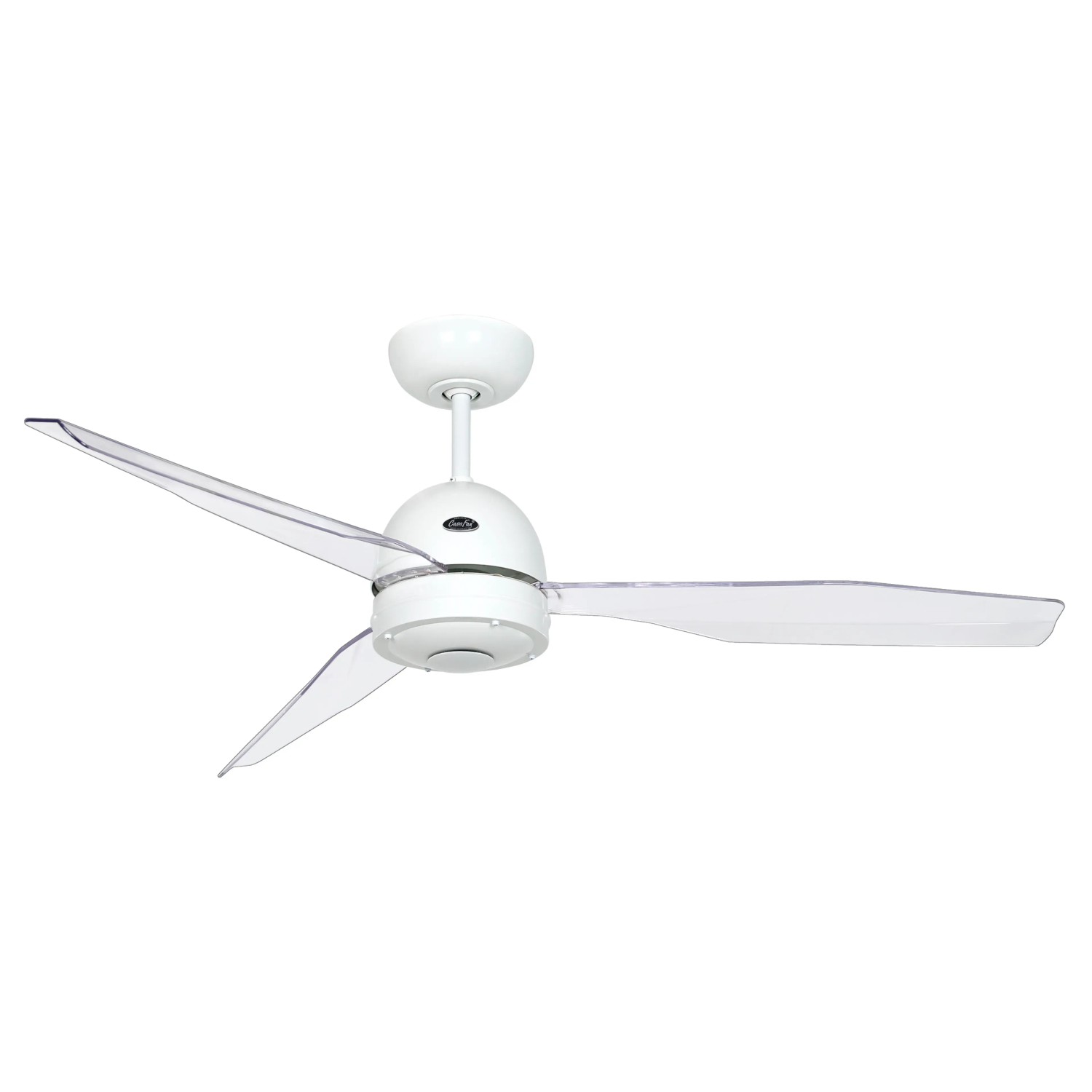 Weißer CASAFAN Deckenventilator Libelle 132 cm mit transparenten Acrylglas-Flügeln und Fernbedienung.
