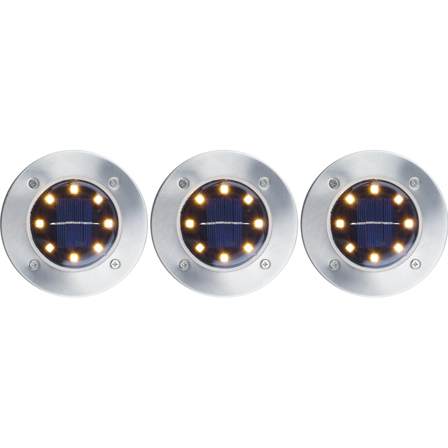 3er Set LED Solar Bodeneinbauleuchten aus Edelstahl für Gartenwege und Beete.