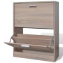 Schuhschrank in Eichen-Optik mit 2 Schuhkippern, einer offen. Heller Holzton, silberne Griffe. Praktische Schuhaufbewahrung.