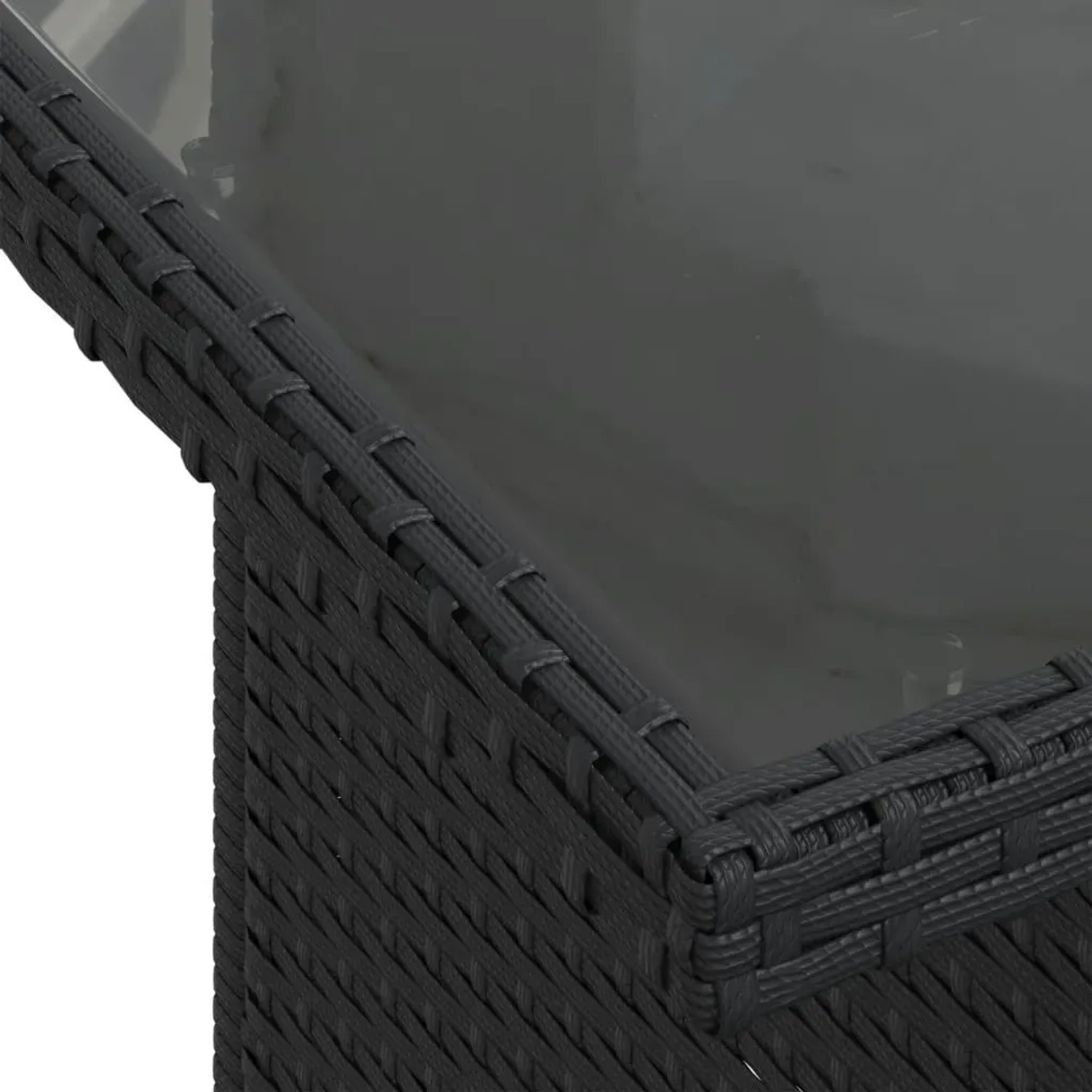 Detailansicht Gartentisch der vidaXL Sofagarnitur, schwarzes Polyrattan mit Glasplatte.