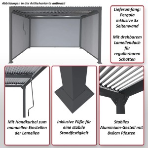Anthrazit MCW Alu Pergola mit 3 Seitenwänden, drehbarem Lamellendach, Handkurbel und stabilem Aluminium-Gestell.