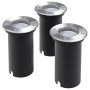 Set aus drei runden LED-Bodeneinbaustrahlern für den Außenbereich, silberfarben.