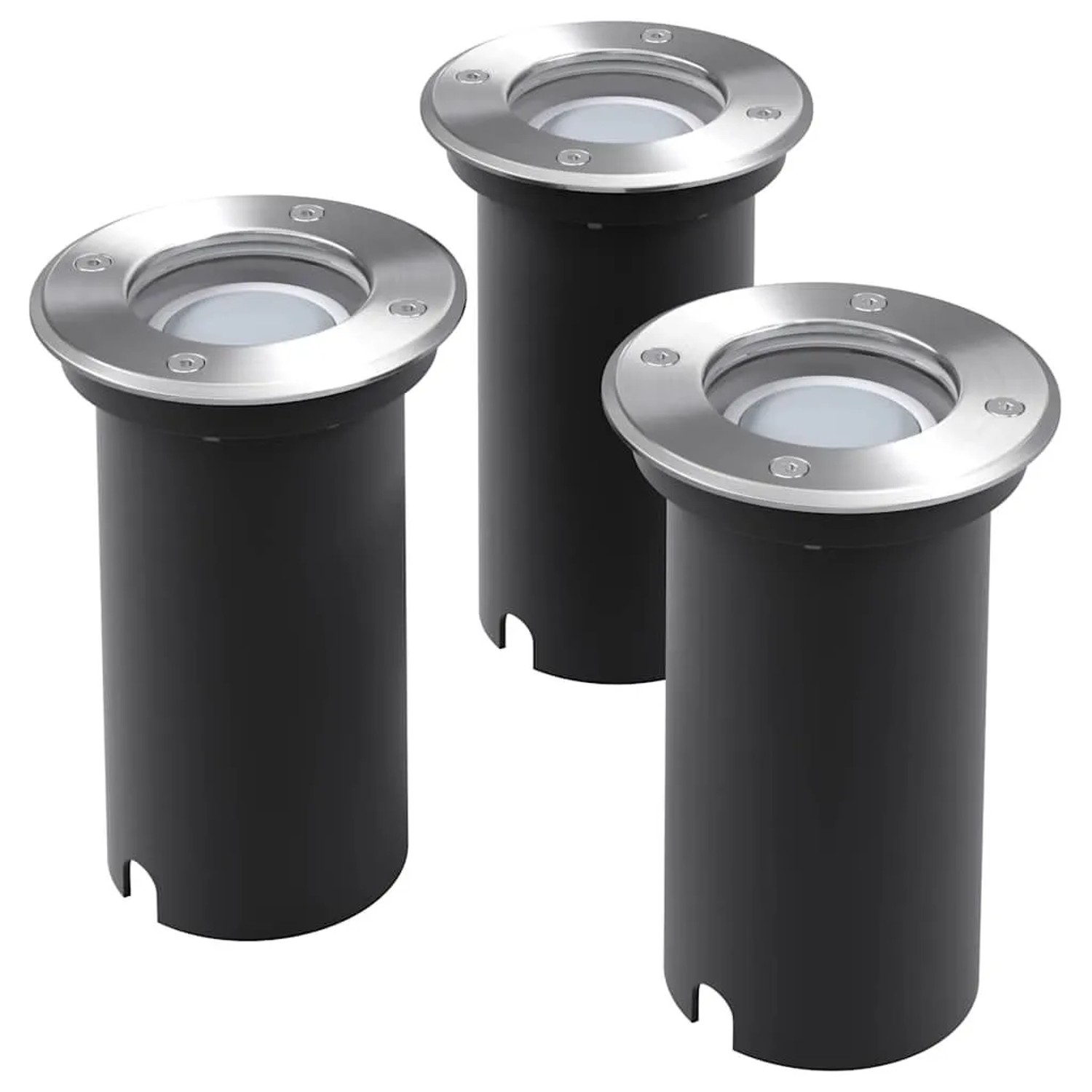 Set aus drei runden LED-Bodeneinbaustrahlern für den Außenbereich, silberfarben.