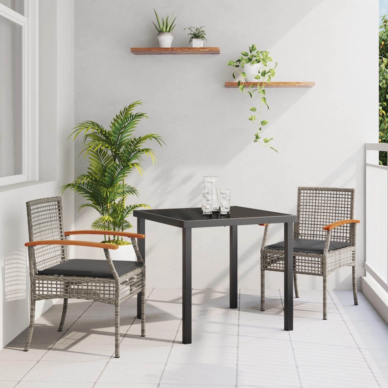 Graue 3-teilige vidaXL Garten Essgruppe aus Polyrattan mit Tisch und zwei Stühlen.
