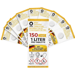 JUNG Oasis Wasseraufbereitungstabletten, 150 Stück, einzeln verpackt. Für 1L Trinkwasser pro Tablette. Camping, Outdoor.