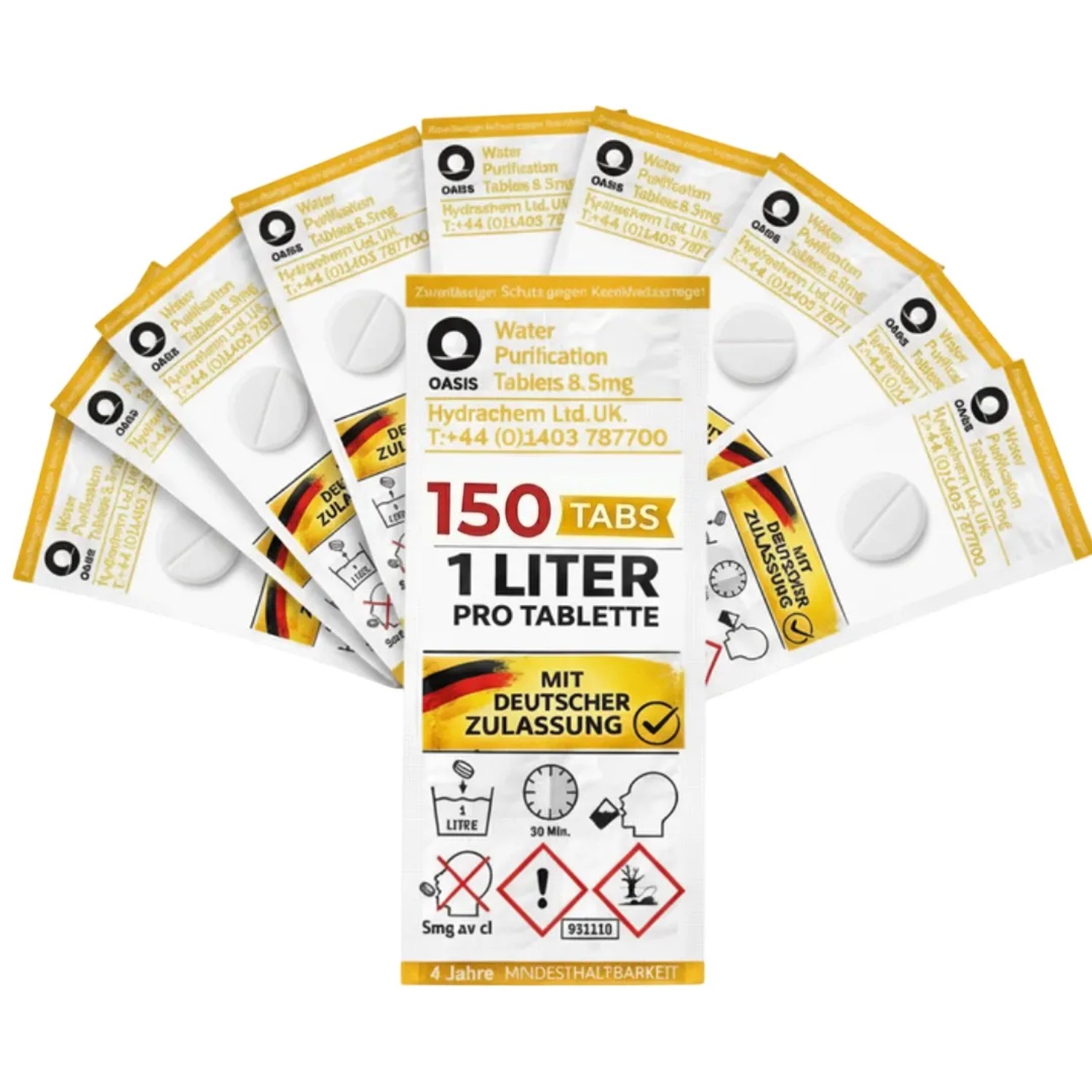 JUNG Oasis Wasseraufbereitung Tabletten 150x1L 8,5mg GE inkl. 10L Faltbarer Wasserkanister Camping Outdoor Trinkwasser Entkeimung Wasserfilter