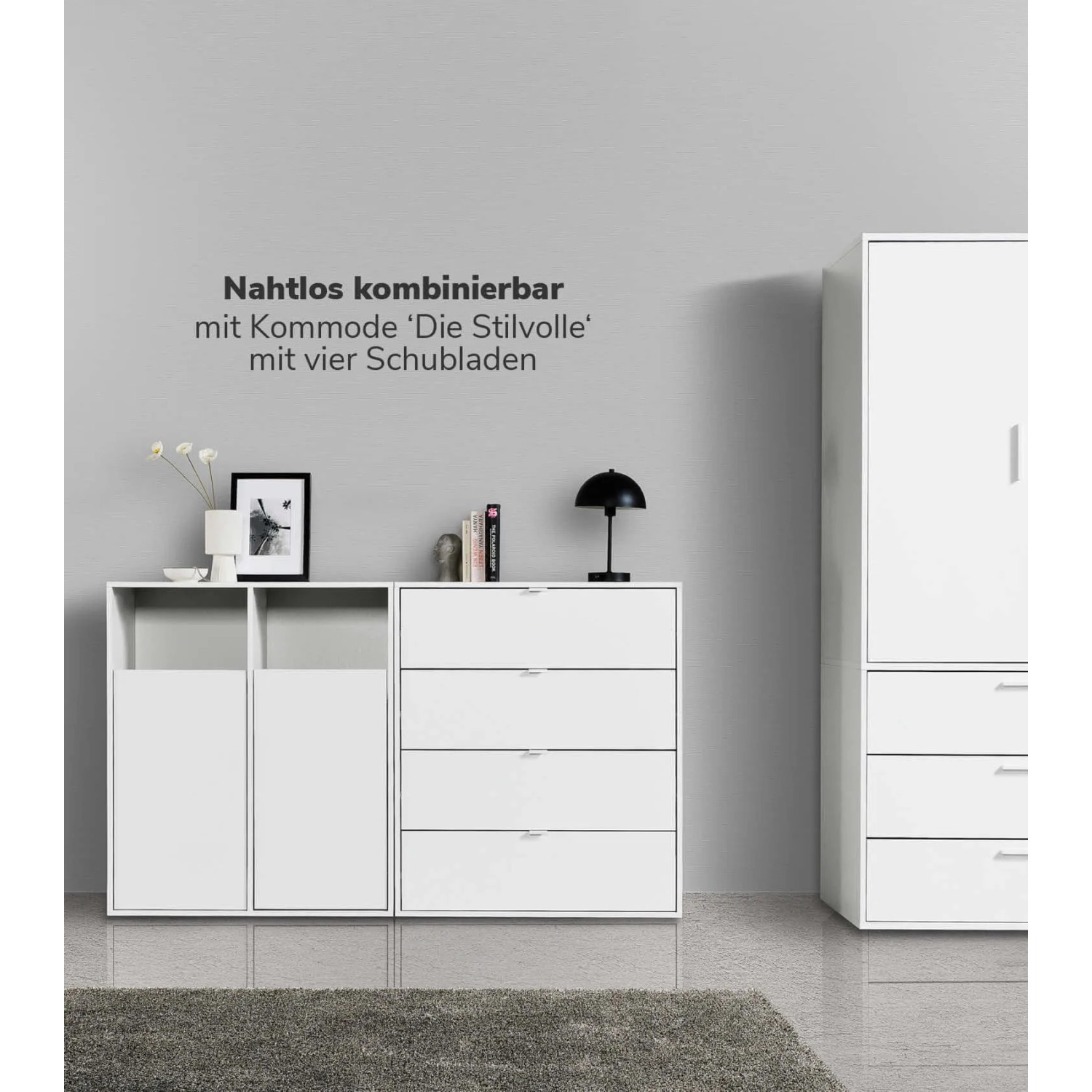 mokebo Wäscheschrank Weiß mit Kommode und Kleiderschrank im Bad oder Schlafzimmer.