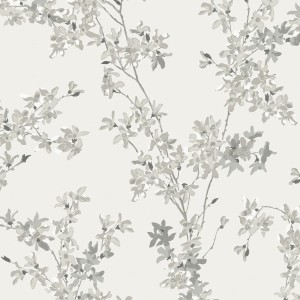 Laura Ashley Vliestapete Forsythia Steel mit zarten, stahlgrauen Forsythienblüten auf weißem Grund.