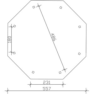 Grundriss Skan Holz Pavillon Lyon Größe 3, 8-Eck, Maße: 557x557cm, Pfostenabstand 180cm, Innenmaß 486cm.