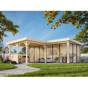 Palmako Pavillon Lenna Set 423, 588x588 cm, weiß lackiert, mit Schiebetüren und Tresen.