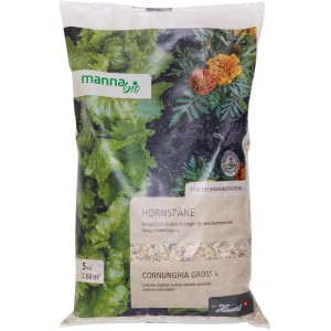 Manna Bio Hornspäne 5 kg im Sack: organischer Stickstoffdünger für gesunde Pflanzen.