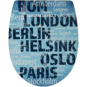 WC-Sitz Stadtliebe mit Absenkautomatik, Dekor mit Städtenamen auf blauem Grund.