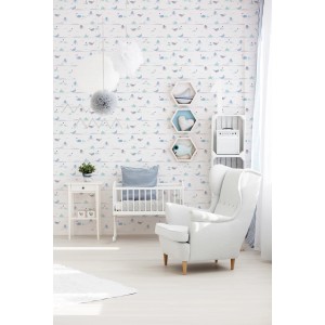 Kinderzimmer mit Vliestapete mit Tieren in Blau und Grau. Dekorative Tapete mit Tiermotiven.