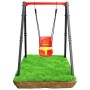 Rote Babyschaukel mit gelbem Schutzbügel an schwarzem Stahlgestell auf Rasen. Ideal für Garten & Spielplatz.