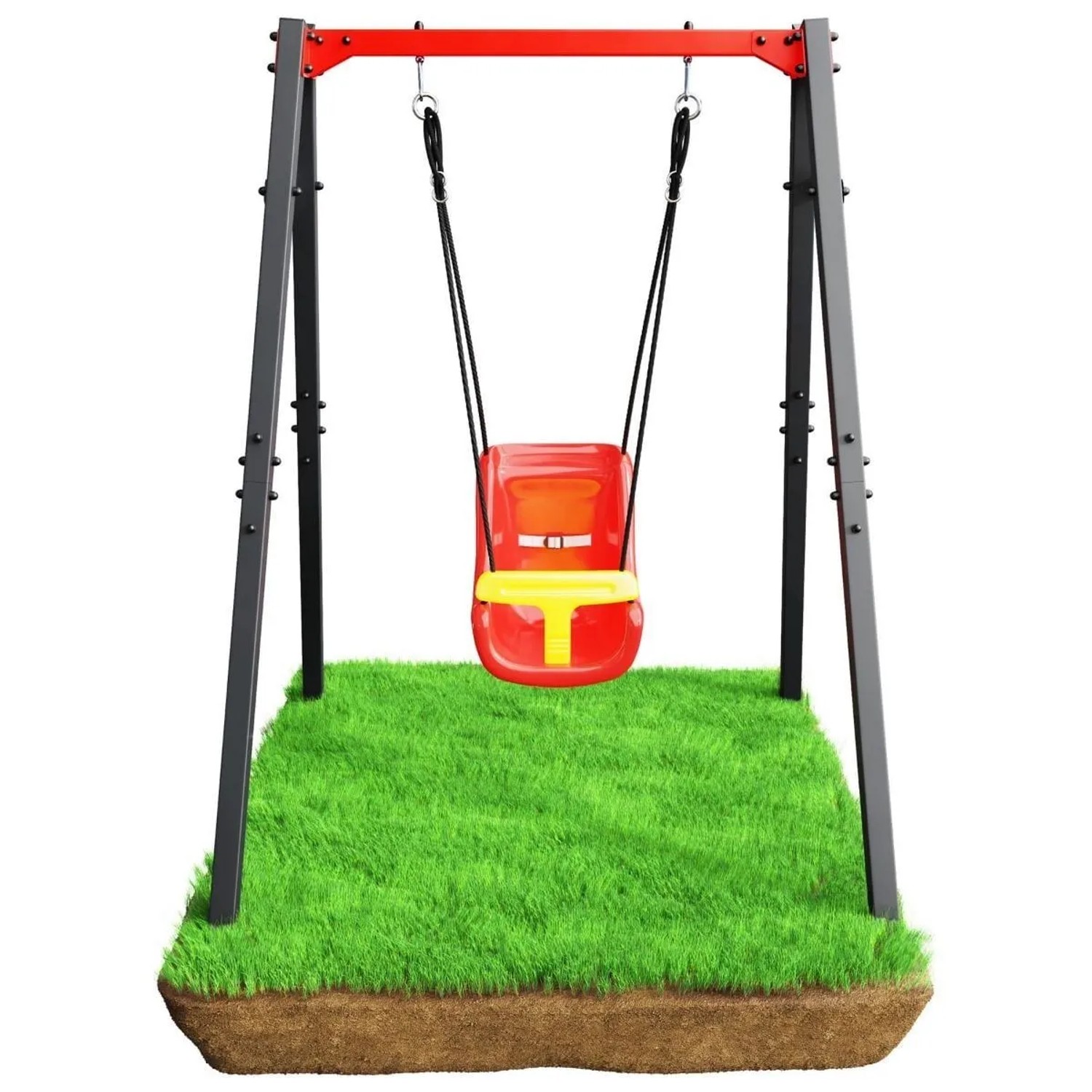 Rote Babyschaukel mit gelbem Schutzbügel an schwarzem Stahlgestell auf Rasen. Ideal für Garten & Spielplatz.