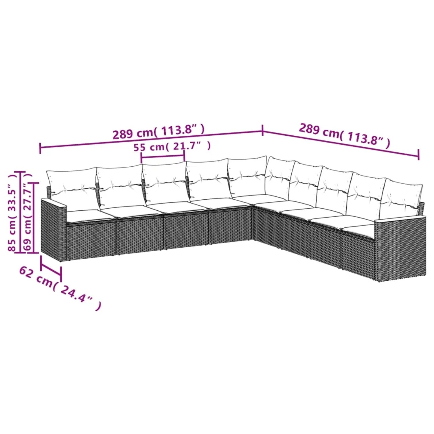 Beige 9-tlg. vidaXL Garten-Sofagarnitur aus Poly Rattan mit Kissen, Maße eingeblendet.