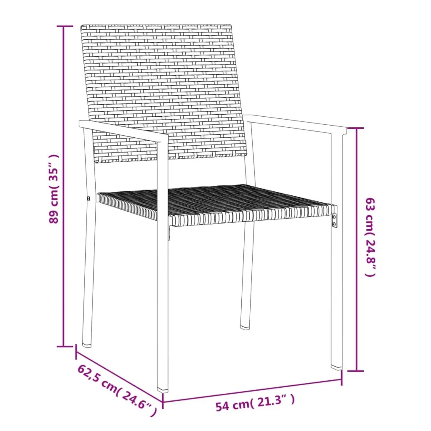 vidaXL Gartenstuhl aus Polyrattan und Stahl, Teil einer 5-tlg. Essgruppe, Detailansicht mit Maßen.