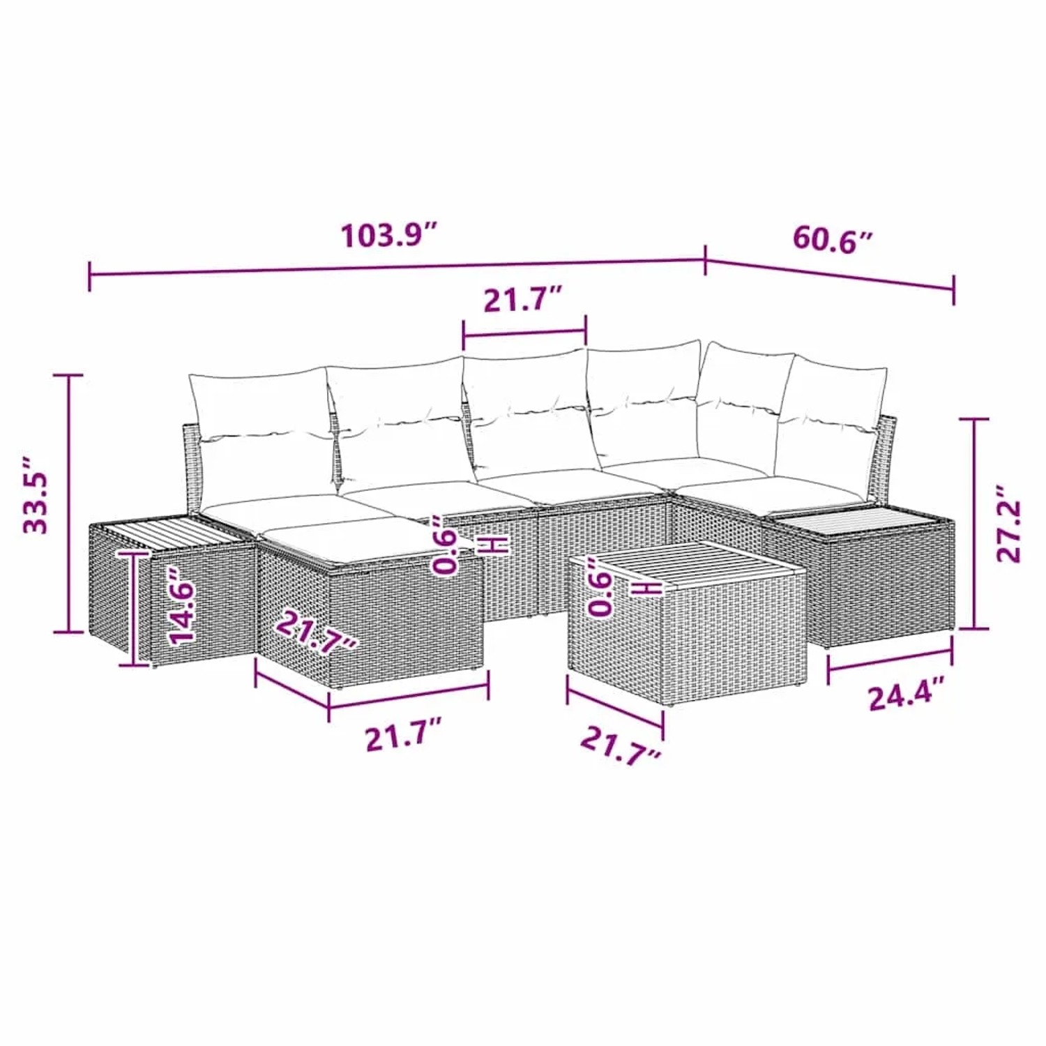 Schwarzes 7-teiliges Garten-Sofa-Set aus Poly Rattan mit Kissen und Tisch, modulare Bauweise.