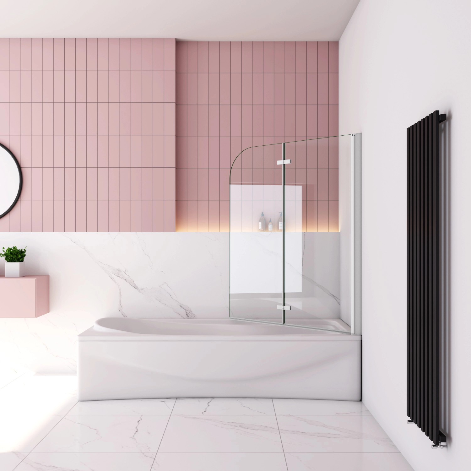 AICA Badewannenaufsatz, 90x140cm, 2-teilig, Faltwand aus ESG Sicherheitsglas, weißer Rahmen.