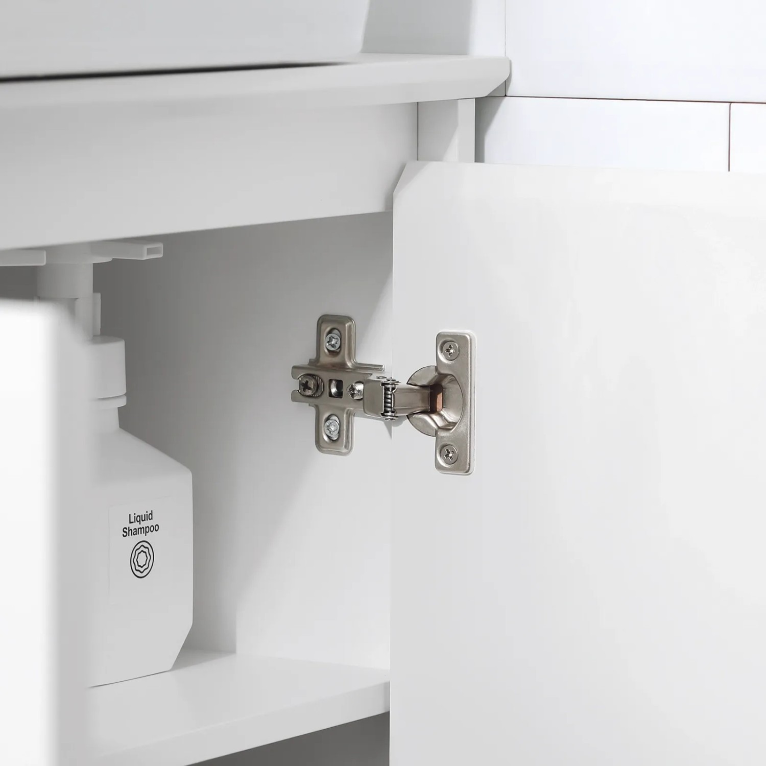 Detailaufnahme: Weißer SoBuy Waschbeckenunterschrank (60cm) mit geöffneter Tür und Blick ins Innere.