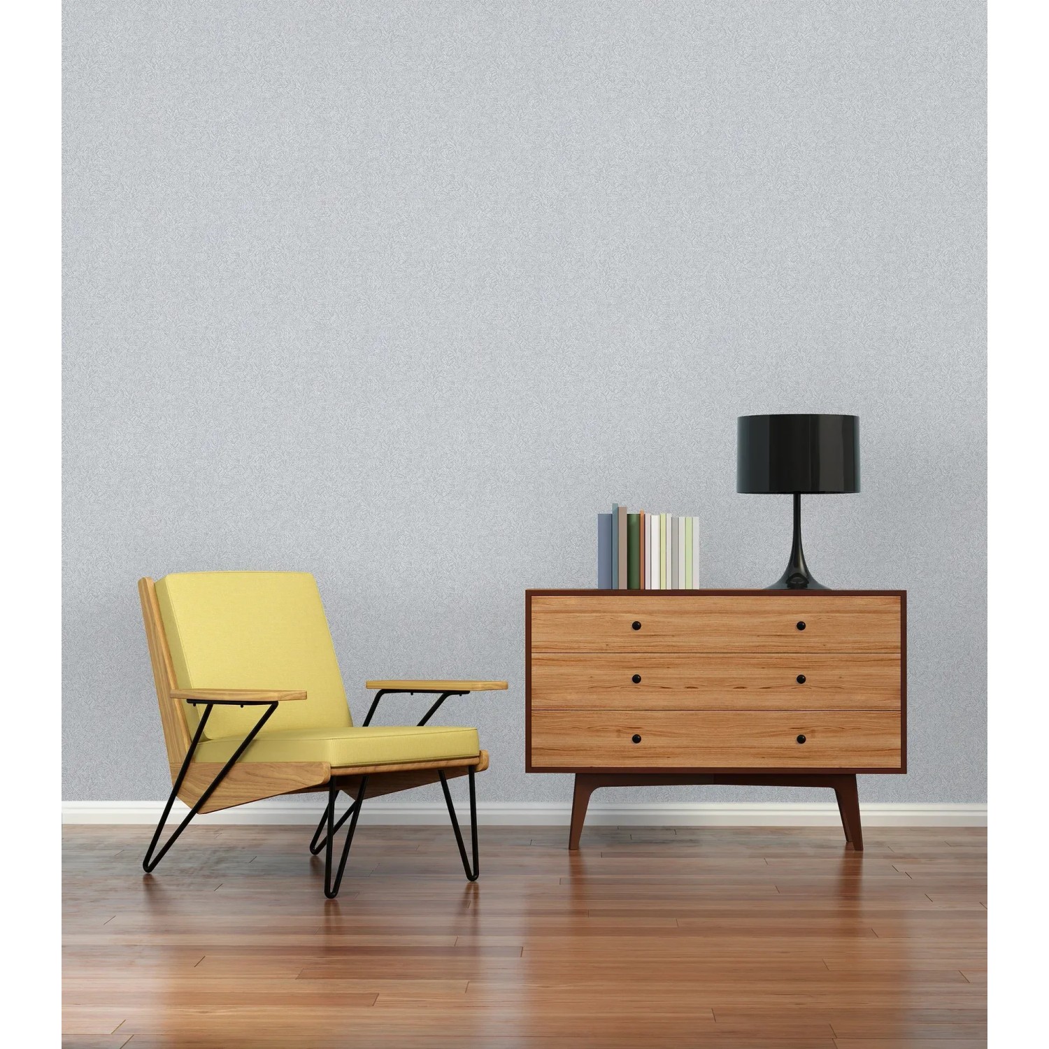 AS-Creation Vliestapete Attractive, Blätter grau/weiß, im Wohnraum mit Sessel und Kommode.