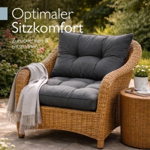 Graphitgraues Beautissu Lounge Kissen Set XLuna für Rattan-Sessel. Bequeme Sitz- & Rückenpolster für Gartenmöbel.