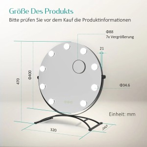 Emke Hollywood Kosmetikspiegel mit 7x Vergrößerung und LED-Beleuchtung, Größenangaben.