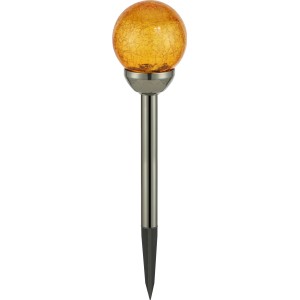 Orange Solar-LED Dekokugel mit Erdspieß, Ø 10 cm, Höhe 44 cm. Warmweißes Licht für den Garten.
