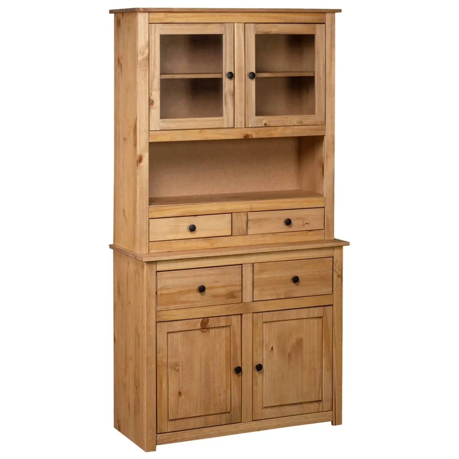 Highboard aus Kiefernholz Panama, 180 cm hoch, mit Schubladen, Türen und Glastüren. Büroschrank im Landhausstil.