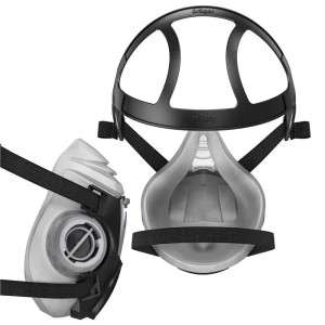 Dräger X-plore 3300 Halbmaske, Größe M, mit Bajonettverschluss. Zwei Ansichten der grauen Atemschutzmaske mit schwarzer Bebänderung.