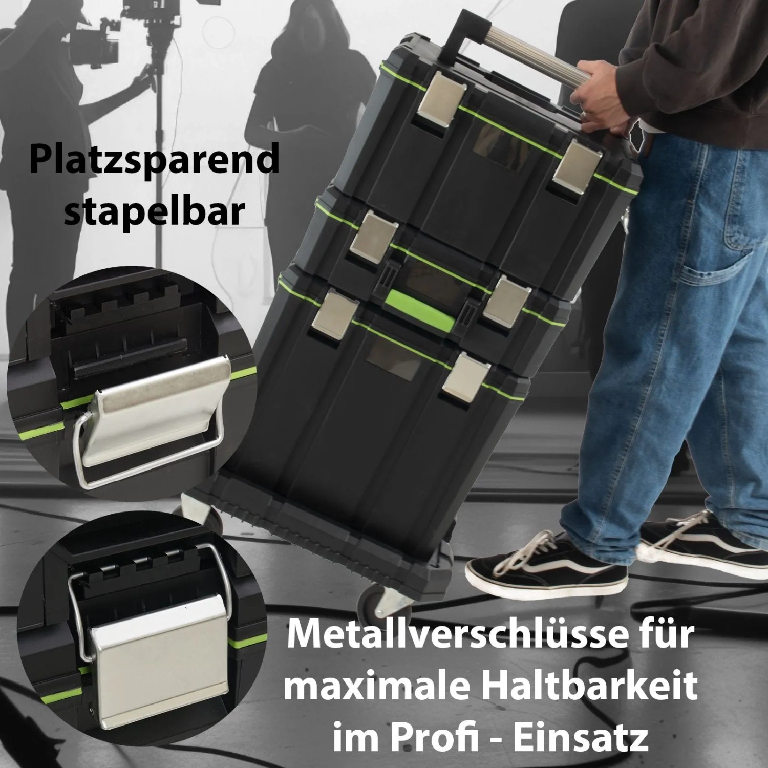 TRUTZHOLM Profi Stapelboxen mit Rollbrett, 3 Boxen, Tragegriffe, mobil und platzsparend.
