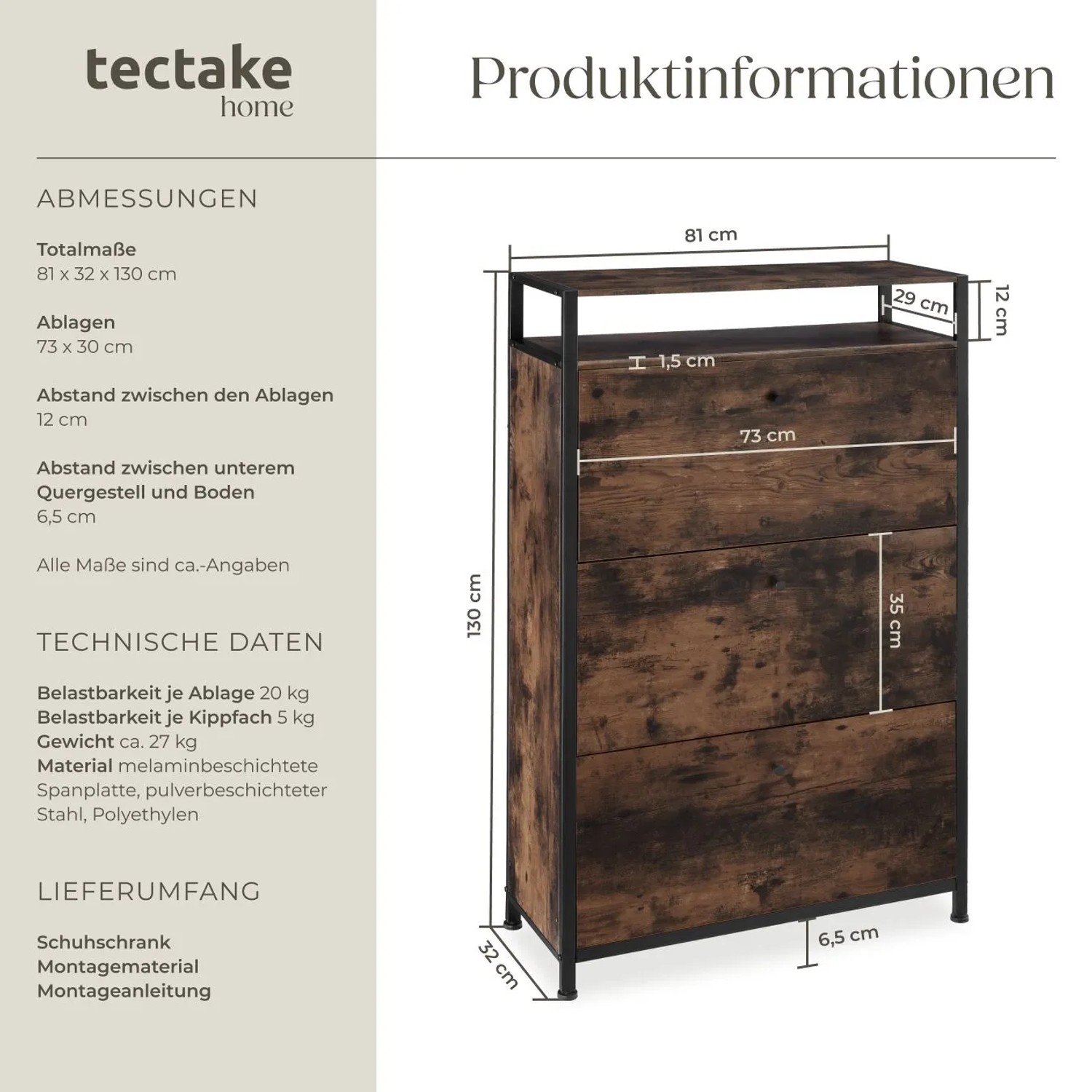 Tectake Schuhschrank Buffalo Industrial Style Holz und Stahl  81 x 32 x 130 cm Industrial Holz Dunkel  Rustikal_6