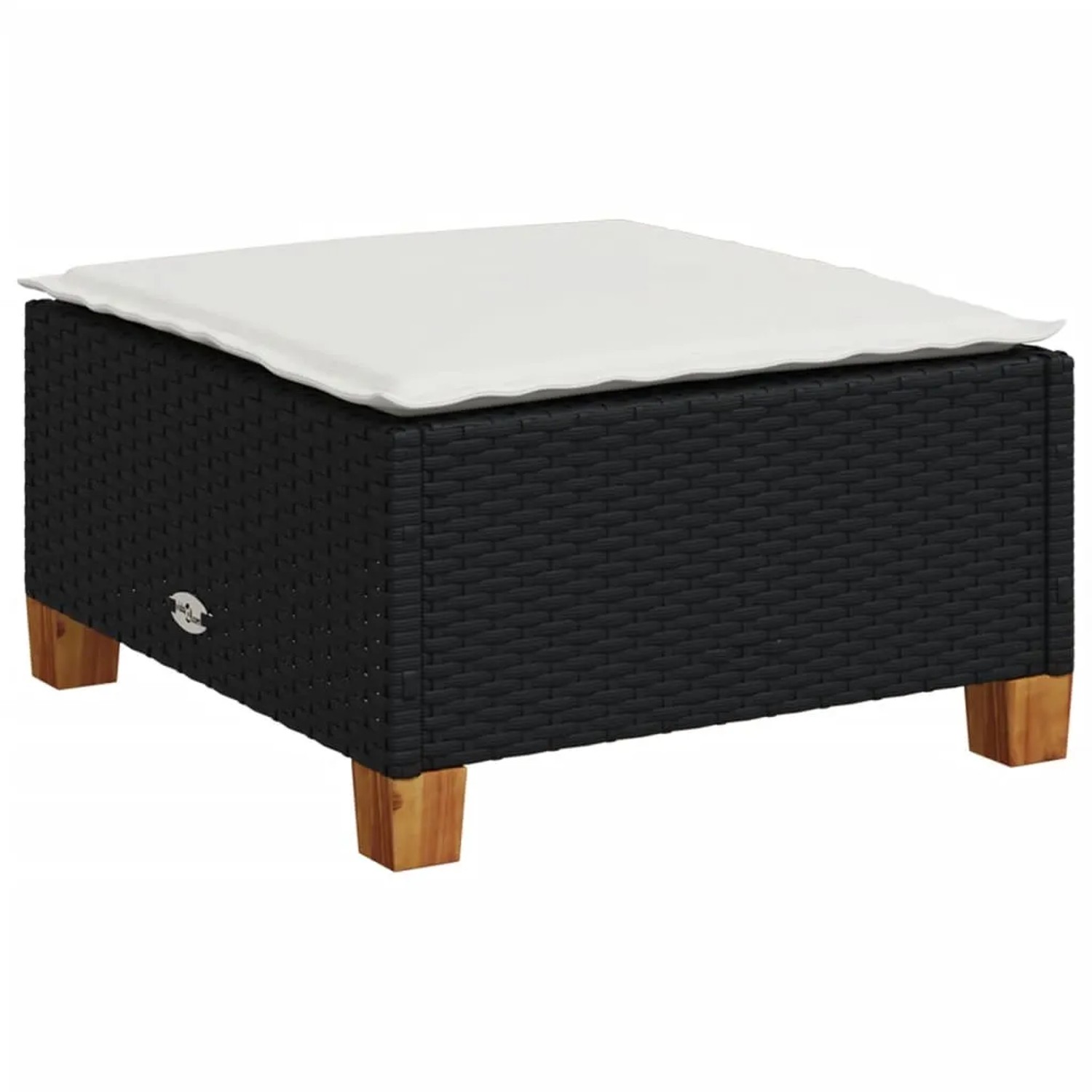 Schwarzer vidaXL Fußhocker aus Rattan mit cremeweißem Kissen, Teil der Garten-Sofagarnitur.