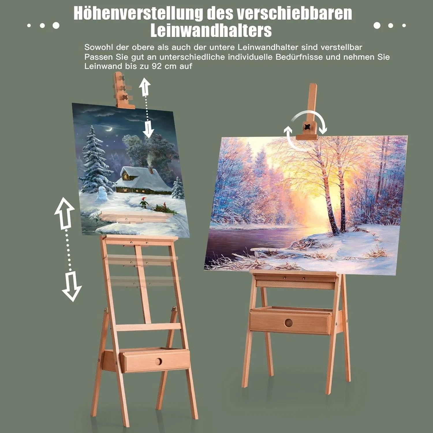 Costway Leinwand Ständer aus Buchenholz mit Ablage und Schublade, höhenverstellbar für Leinwände bis 92 cm.