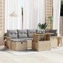Beiges 7-teiliges Garten-Sofa-Set aus Poly Rattan mit Kissen und Stauraum.