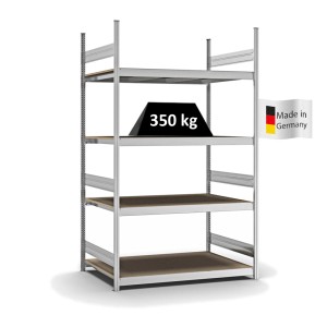 Verzinktes PROREGAL Weitspannregal mit 4 Ebenen und Spanplattenböden, Fachlast 350 kg.