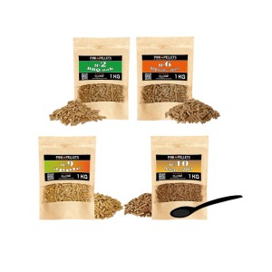 PINI Naturholzpellets Set 4x1 kg für BBQ & Grill aus 4 Sorten, Eiche Nr 2, BBQ Gewürze Nr 6, Apfel Nr 9, Buche & Erle Mix Nr 10, Natürliches Aroma