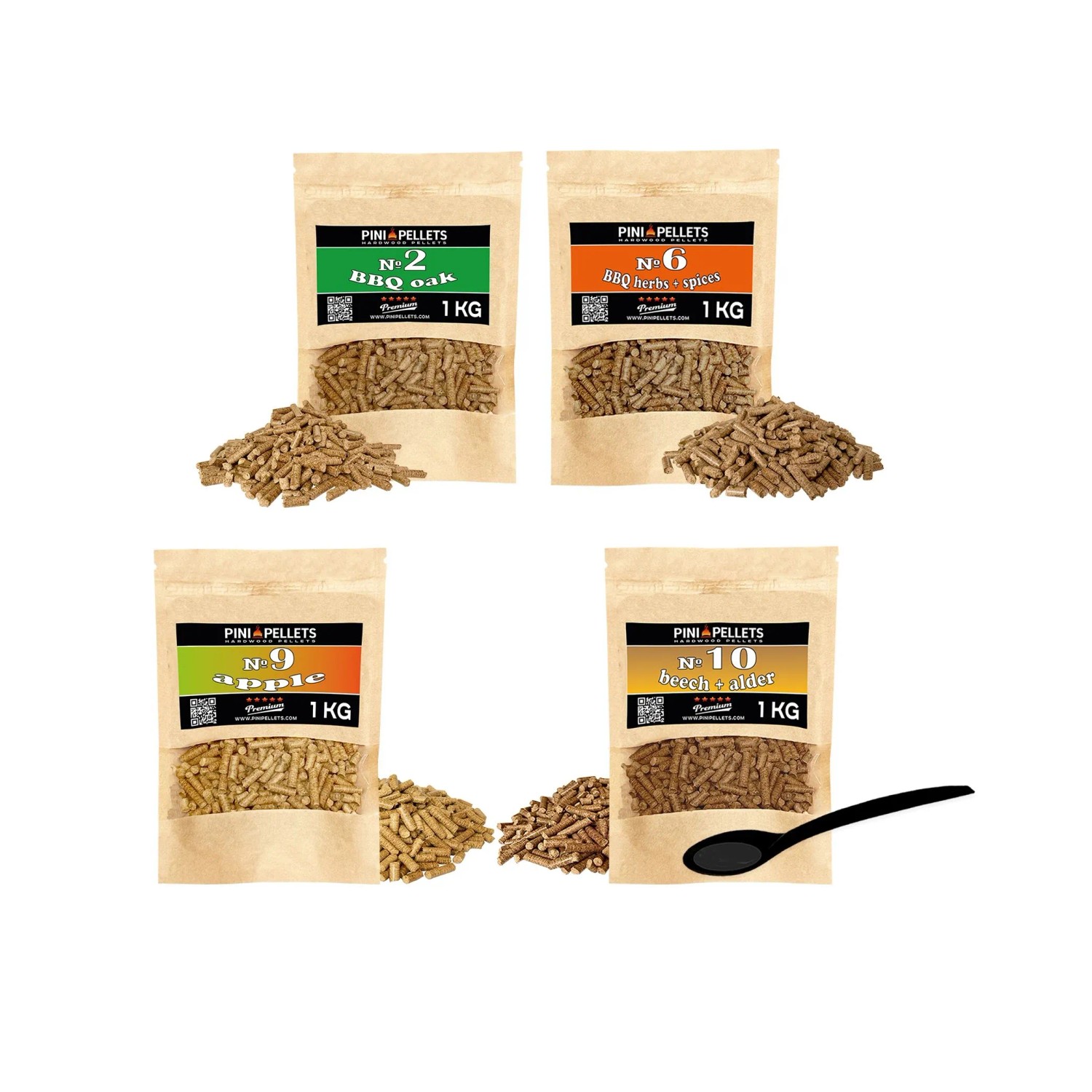 PINI Naturholzpellets Set 4x1 kg für BBQ & Grill aus 4 Sorten, Eiche Nr 2, BBQ Gewürze Nr 6, Apfel Nr 9, Buche & Erle Mix Nr 10, Natürliches Aroma