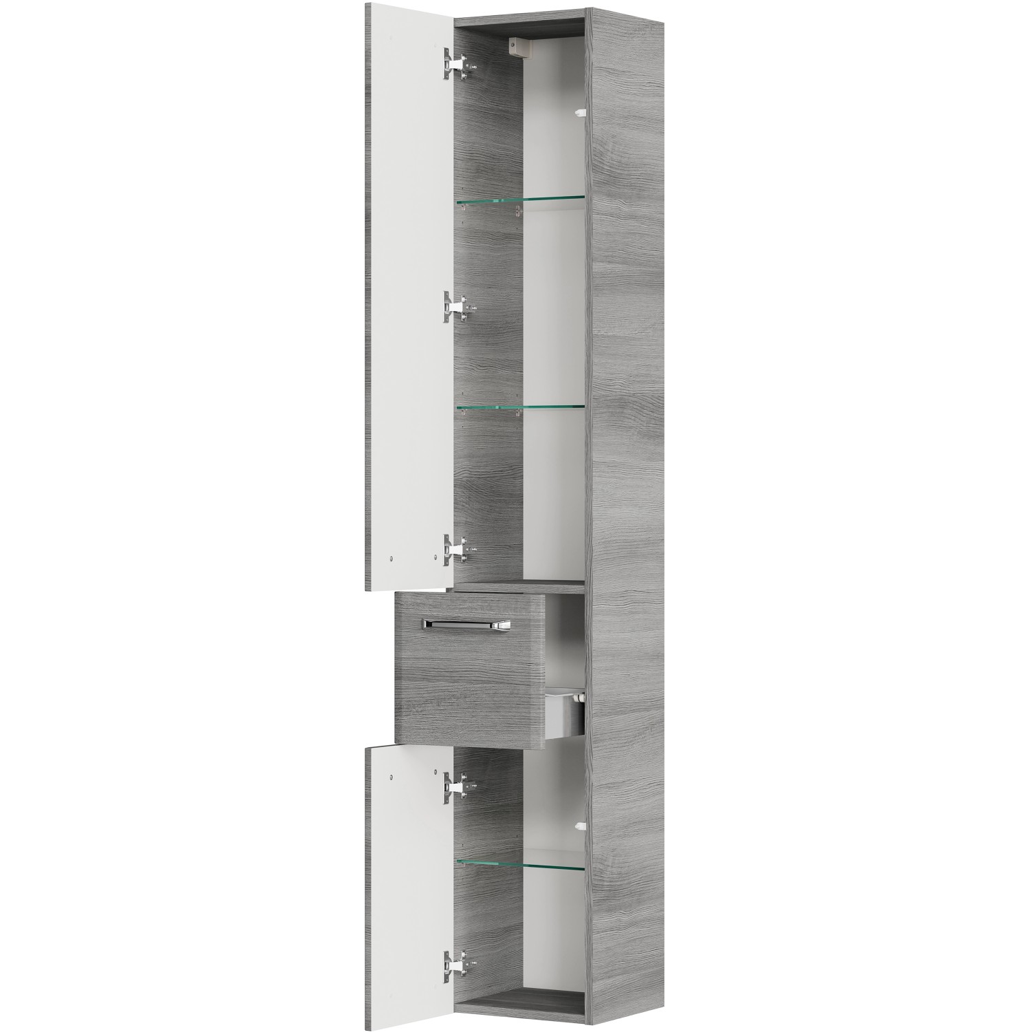 Pelipal Bad-Hochschrank Quickset 328, Graphit, 30 cm breit, mit offenen Türen und Schublade.