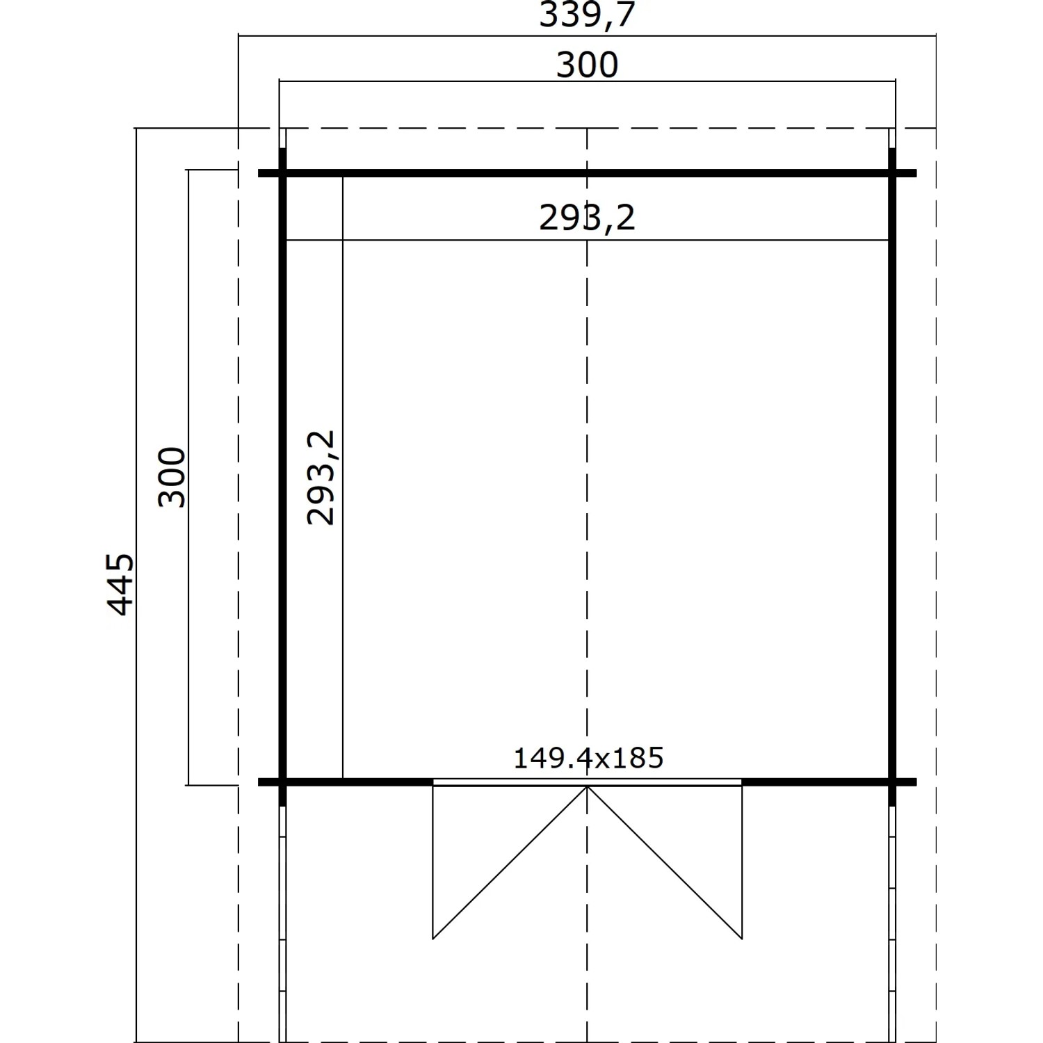 Grundriss Lasita Holz-Gartenhaus Viljandi 34, 339,7x445cm, Carbongrau mit Anbaudach.