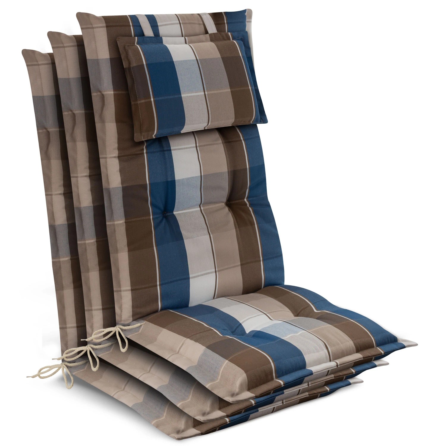 Beautissu 3x Gartenstuhlauflage Hochlehner 120x50x7cm Braun-Blau-Kariert