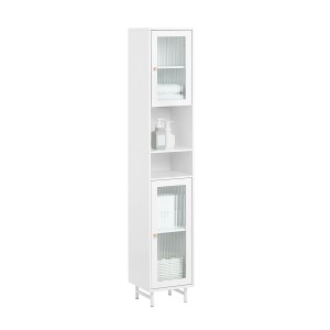 Weißer SoBuy Hochschrank BZR118-W mit Glasfronten, offenen Fächern und Metallbeinen.