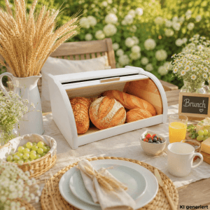 Weißer XL Brotkasten aus Buchenholz mit verschiedenen Brotsorten auf einem Tisch.