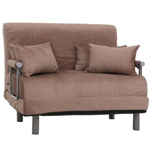 Brauner MCW Schlafsessel K29 aus Chenille-Stoff mit Kissen und klappbaren Armlehnen.