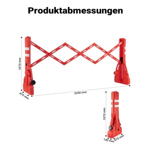Rotes ausziehbares Scherengitter mit reflektierenden Streifen, Maße im ausgeklappten und gefalteten Zustand.