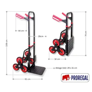 PROREGAL Treppensteiger TAURUS, klappbar, mit Stahlrahmen und roten TPR-Rädern.