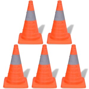 5er Set orangefarbene, aufklappbare Verkehrsleitkegel mit Reflexstreifen.